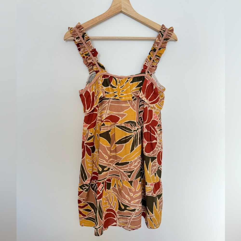 Sezane Fily Vicky Leaves Print linen blend Cotton ruffles mini Dress size 36 /4 - Picture 3 of 6